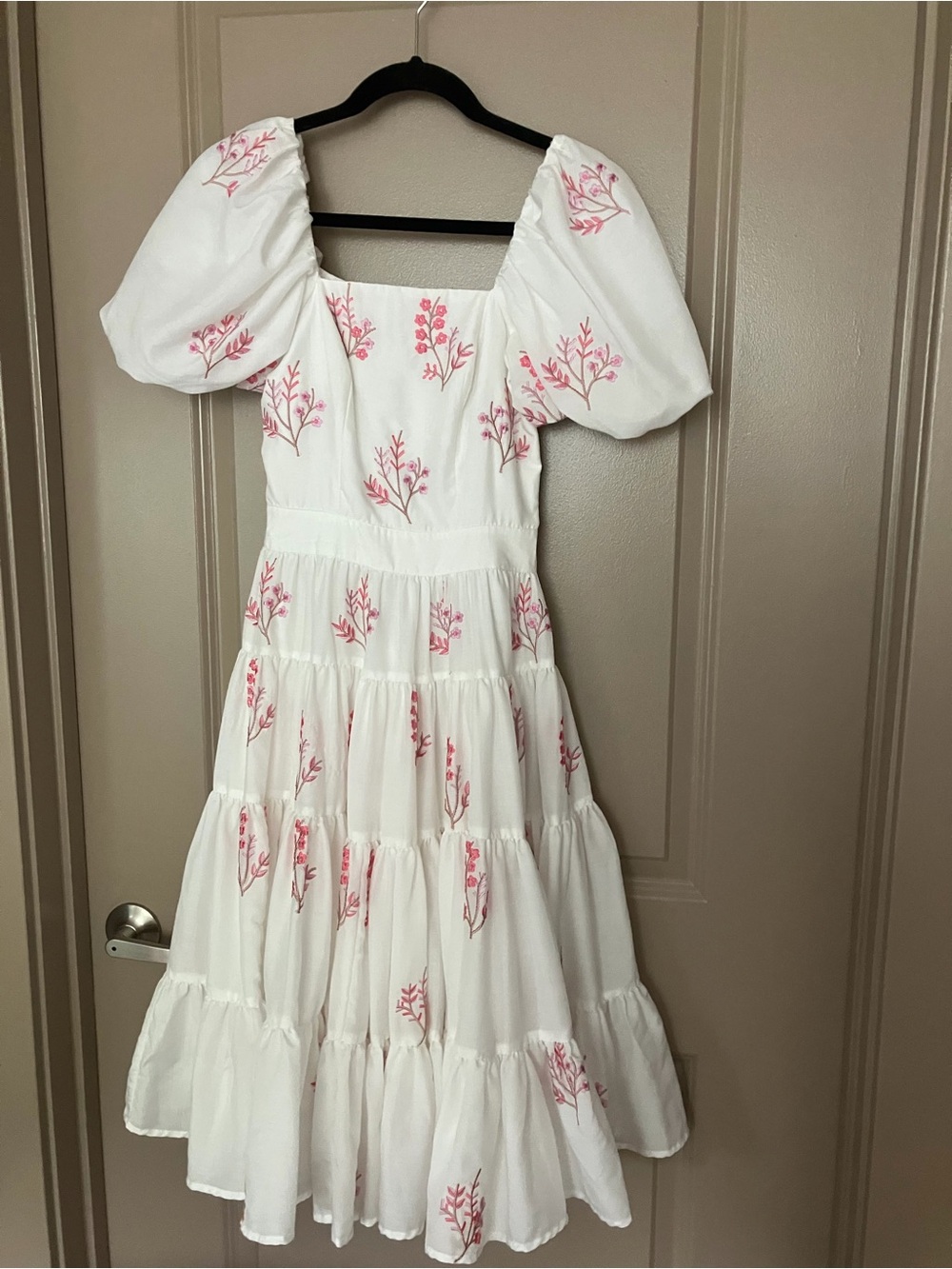 JessaKae Adella Dress XXS White Dress with Pink Floral Embroidery